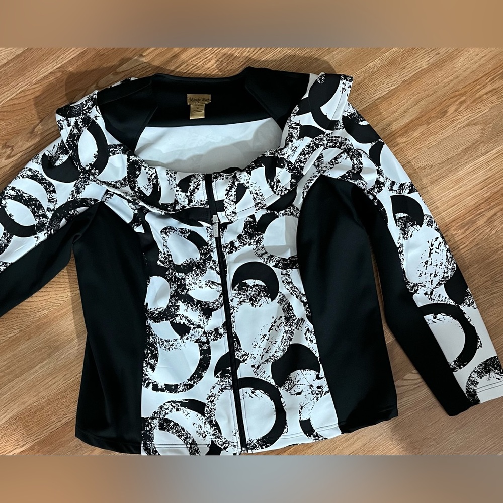 Midnight Velvet ZIP UP Polyester / Spandex JACKET Wide Collar Black & White 2X